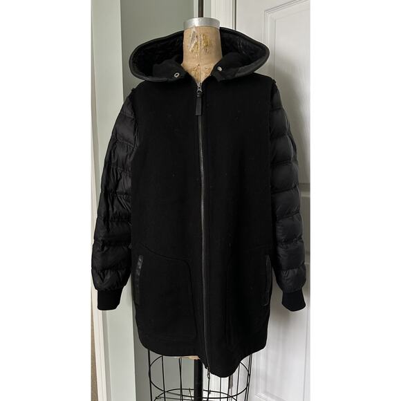 Mackage Men Jacket Hooded Leather Cashmere Wool Front Down Back Sz M Mixed Black - Picture 8 of 16